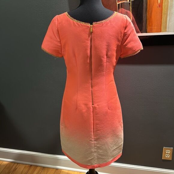 Elie Tahari fitted fluorescent melon ombré hem raw edge sheer/string edged midi - Picture 6 of 8